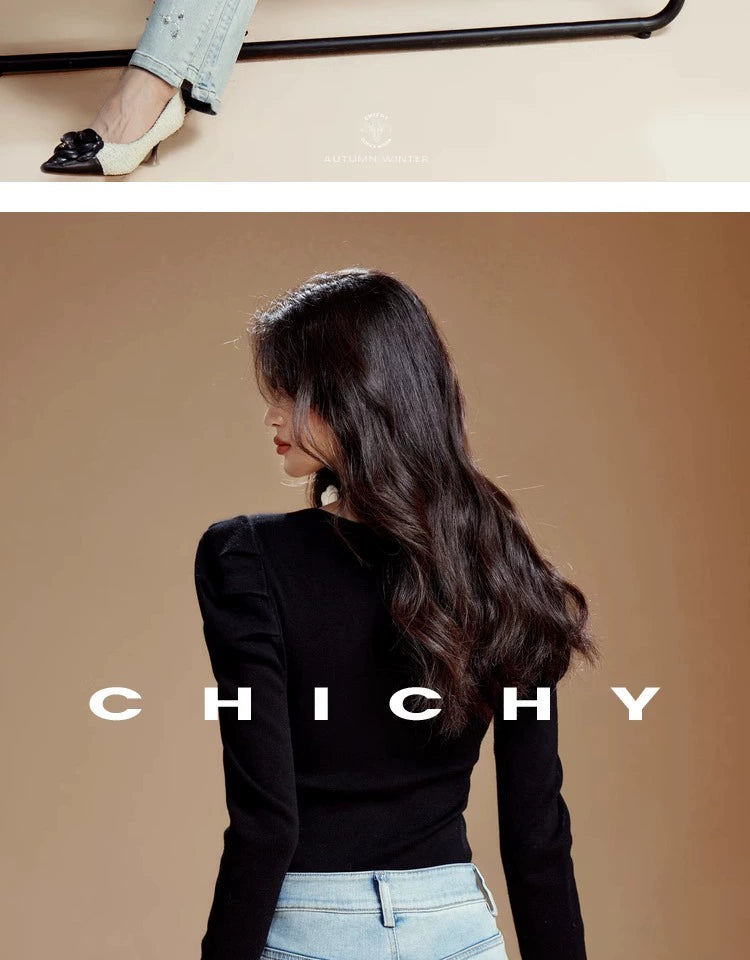 Elegant Pitch-neck sweater【CHICHY】エレガントスタイルハイクオリティセーター