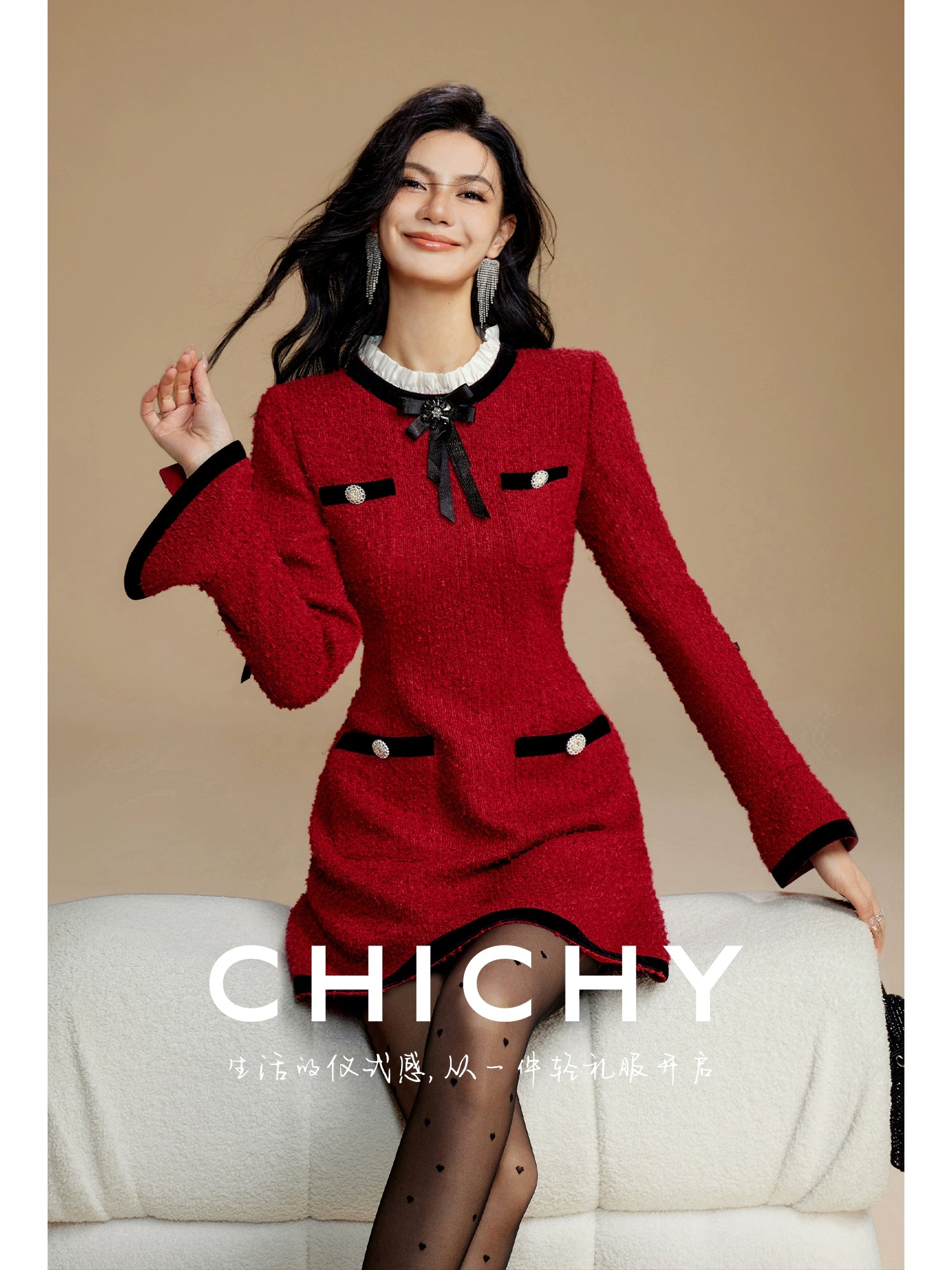 Red Vintage Ladylike One-piece  【CHICHY】レッドヴィンテージレディライクワンピース