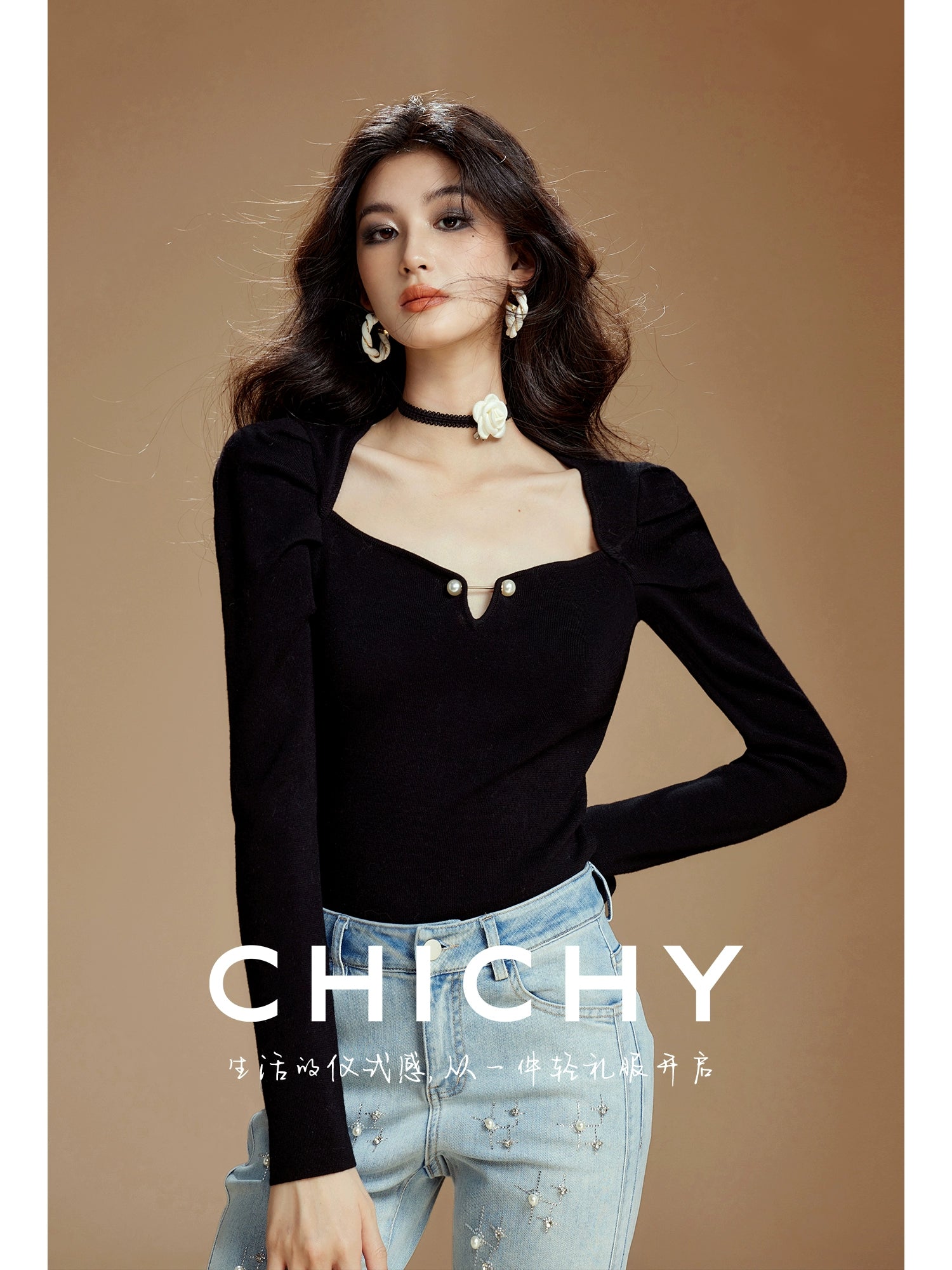 Elegant Pitch-neck sweater【CHICHY】エレガントスタイルハイクオリティセーター