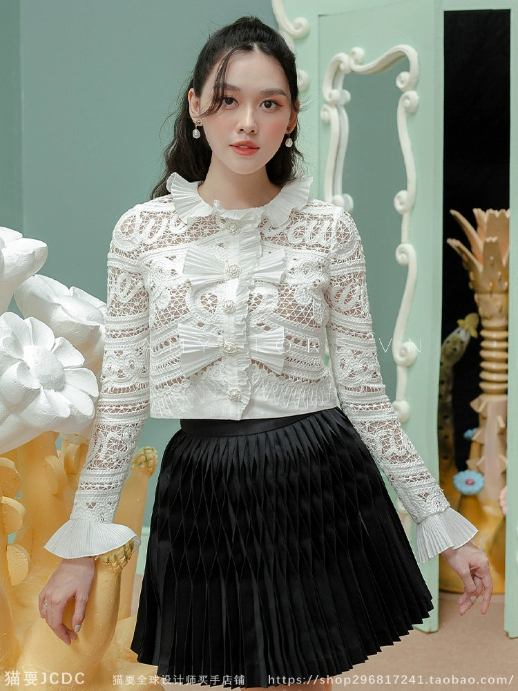 White Bow Lace Long Sleeve Shirt Dress Set【AMY STORE】ホワイトボウレース長袖シャツドレスセット