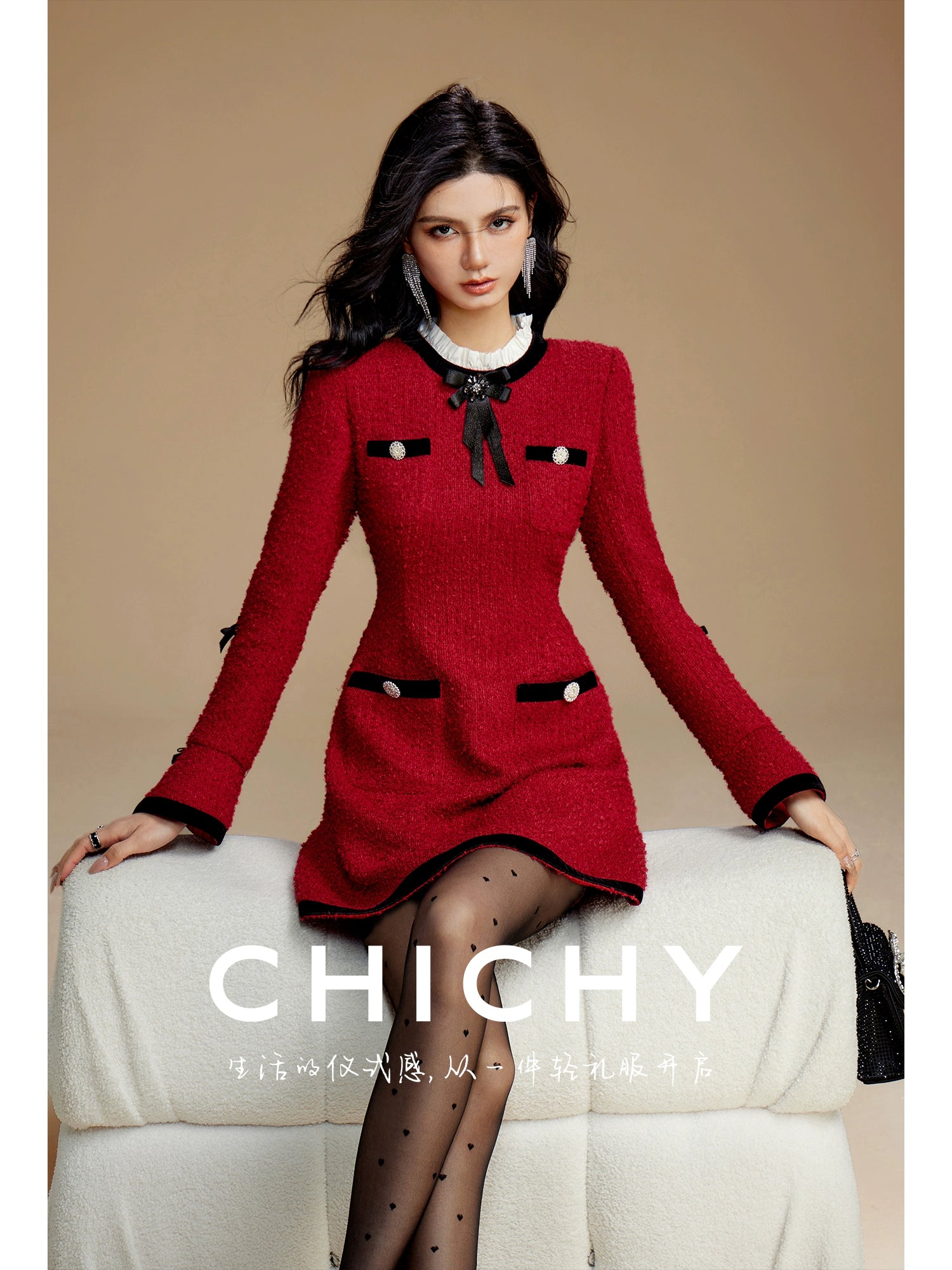 Red Vintage Ladylike One-piece  【CHICHY】レッドヴィンテージレディライクワンピース