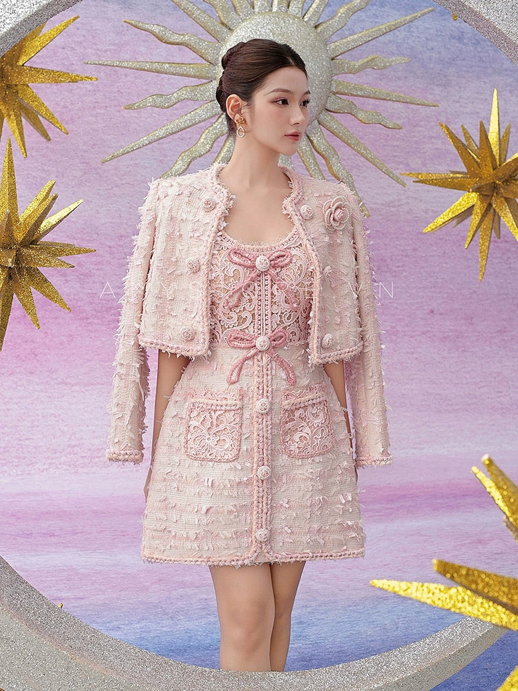 Pink Tweed Embroidered Dress Ensemble【AMY STORE】ピンクツイード刺繍ドレスアンサンブル